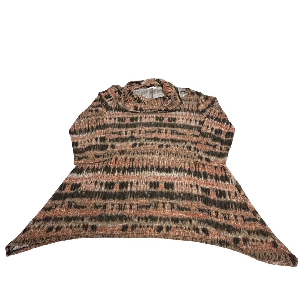 Ava James Women L Brown Ikat Cowl Neck Sharkbite Hem Tunic Top 3/4 Sleeve